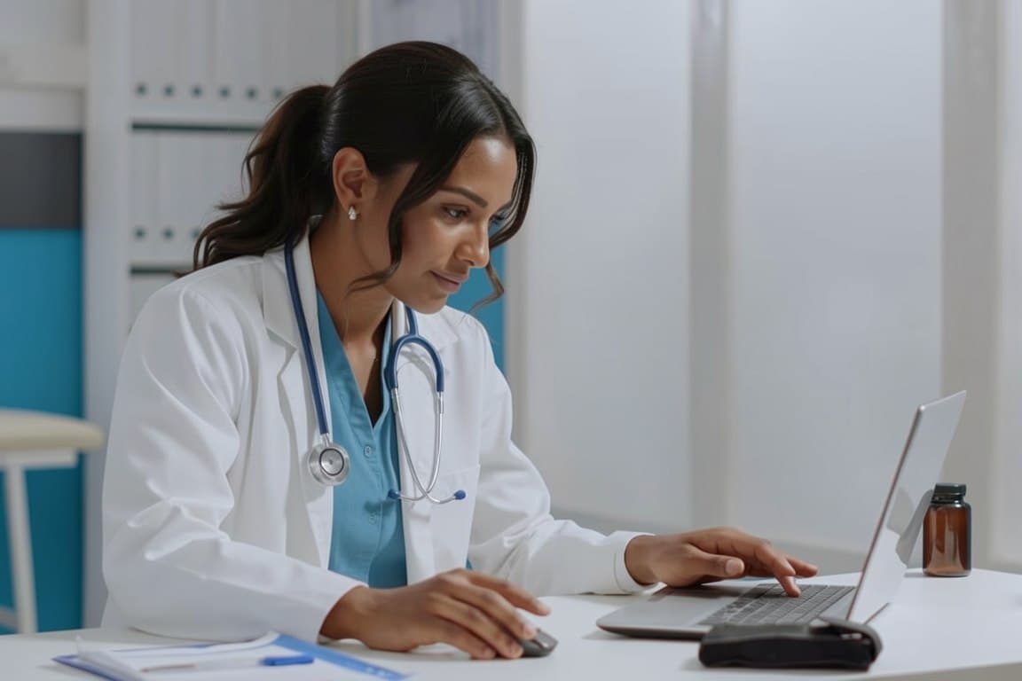 A physician in a white coat reviewing study material on a laptop